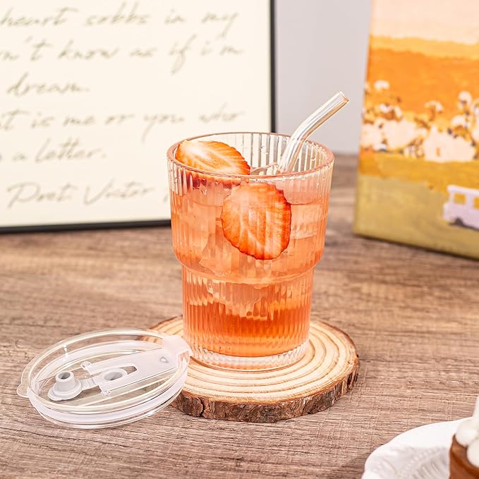 13oz/400ML Glass Tumbler with Straw and Lid Ribbed Vertical Ice Coffee Cups Sealed Carry on for Coffee Iced Tea, Thick Wall Glassware Tumbler Water Glass (Clear 2pcs)