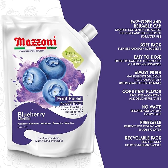 Mazzoni Blueberry Puree, 100% Pure Blueberries, Just Fruit, No Sugar Added, 2.2 lbs (35.2 oz) RMixer for Cocktails, Drinks, Smoothies. Convenient Pouch, Made in Italy (Pack of 2)
