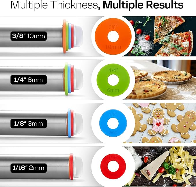 17" Stainless Steel Rolling Pin with 4 Adjustable Thickness Rings and Baking Mat for Dough, Pizza, Pies, Pastries, Pasta, Cookies (Black Mat)