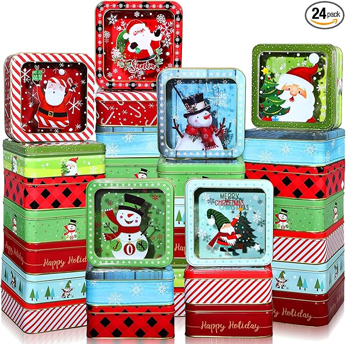 Tioncy 24 Pcs Christmas Cookie Tins with Lids Large Cookie Boxes Metal Empty Tins Santa Tinplate Xmas Gift Box for Christmas Holiday Candies Treats Storage Container (Vintage)