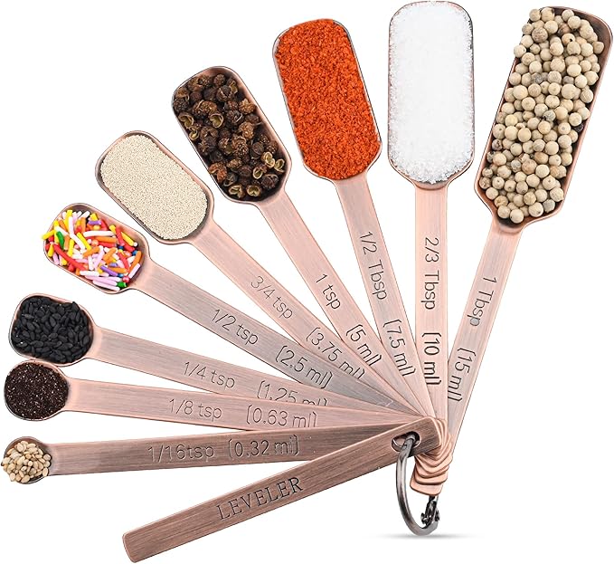 Copper Measuring Cups and Spoons - 17 Piece Set, 7 Cups and 9 Spoons with 1 Leveler for Kitchen