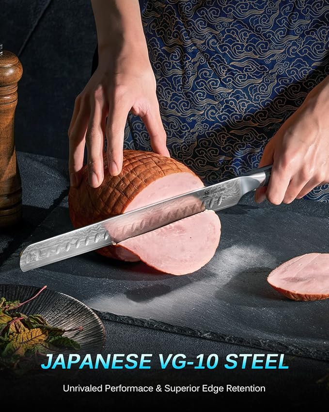 KYOKU Gin Series 12" Brisket Slicing Knife, Meat Carving Knife with Silver PVD Coating Mosaic Pin Handle for Professional Chef & Home Cook, Japanese VG10 Steel Slicer for Meat Fruit Vegetables