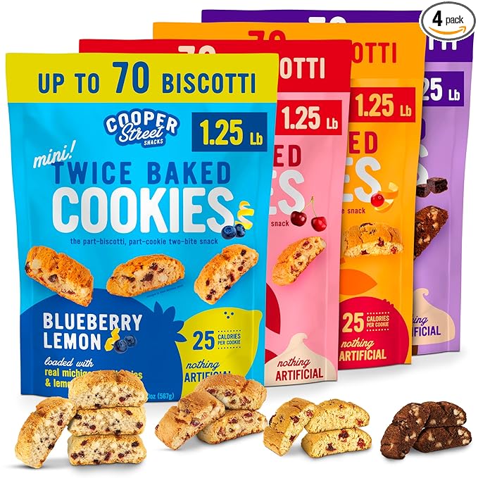 Cooper Street Twice Baked Biscotti Cookies Variety Pack - 1.25 Pounds Per Bag (4 Pack) - Gourmet Cookies Ideal With Coffee Or Tea | Peanut and Dairy Free Low Sodium Breakfast or On-The-Go Snack