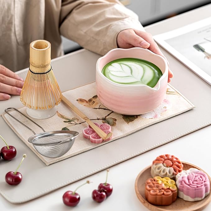 Matcha Whisk Set Ceramic Matcha Set Includes Bowl,Spout Bamboo Chasen Whisk with Ceramic Holder, Matcha Scoop and Stainless Sifter, Matcha Kit for Women,Gift for Matcha Lovers(7Pcs,Pink)