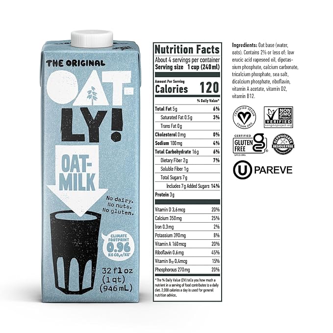 Oatly Original Oatmilk - Shelf-Stable, Creamy, Dairy-Free, Plant-Based Milk for Cereal, Smoothies, Baking & More (32 oz, 6-pack)