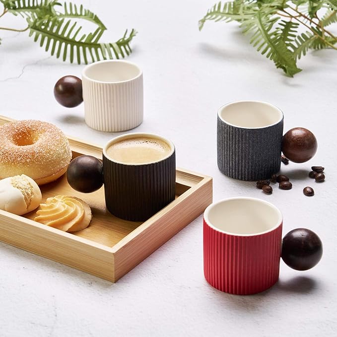 Ceramic Mini Espresso Cups Demitasse Cups with Round Wooden Handle Vertical Stripes Tea Cups (Black/White, 2pcs)