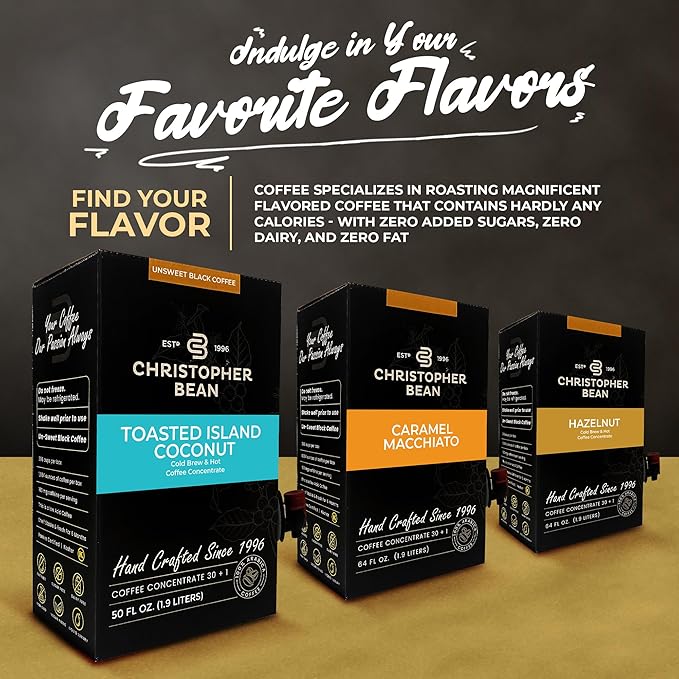 Christopher Bean Coffee - 396 servings, 30 to 1 Blend Bag in Box Liquid Instant Coffee or Cold Brew Coffee Concentrate - Hot or Iced Coffee - Toasted Island Coconut