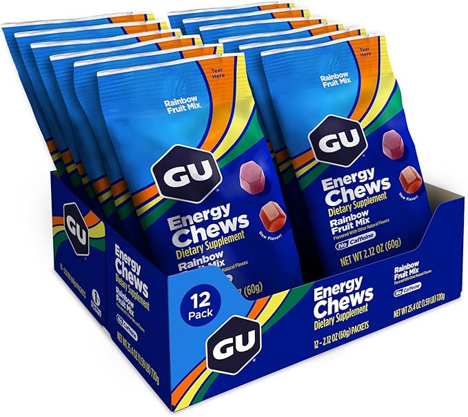 GU Energy Chews, Rainbow Mix Energy Gummies with Electrolytes, Dairy-Free, On-The-Go Energy for Any Workout, 12 Bags (24 Servings Total)