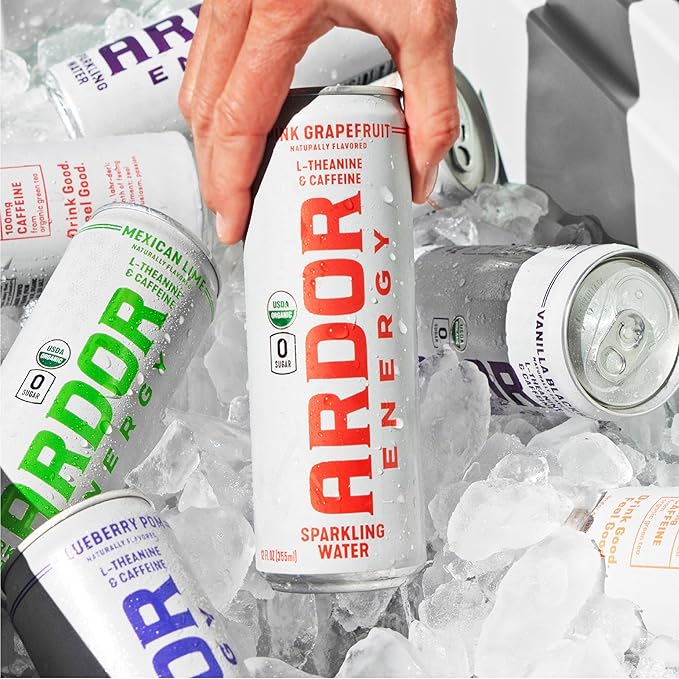 ARDOR ENERGY Sparkling Water with 100mg Natural Caffeine & 200mg L-Theanine from Organic Green Tea for Smooth Energy & Focus | Healthy Energy Drink | No Sugar, Zero Calories, Vegan, Gluten-Free | Pink Grapefruit (Pack of 12, 12oz cans)
