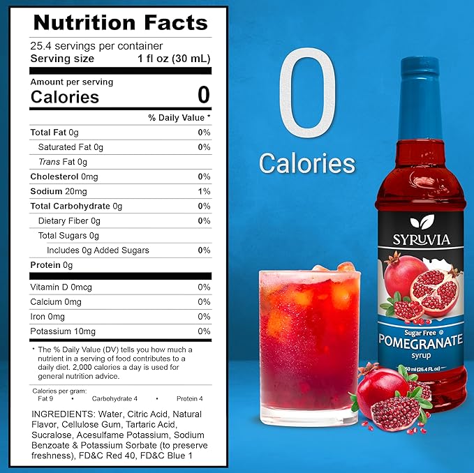 Syruvia Sugar-Free Pomegranate Syrup, Flavored Syrup for Drinks, Cocktails, Lemonades, Iced Teas, and Desserts – 25.4 fl oz
