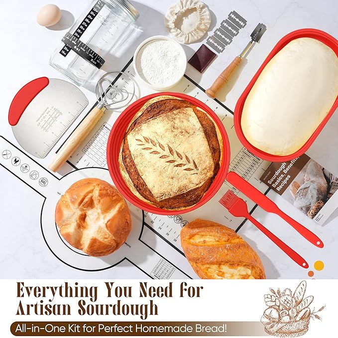 Sourdough Starter Kit with Jar – Complete Sourdough Bread Baking Supplies for Beginners, Includes 2 Silicone Proofing Baskets Baking Mat Sour Dough Kit - Red