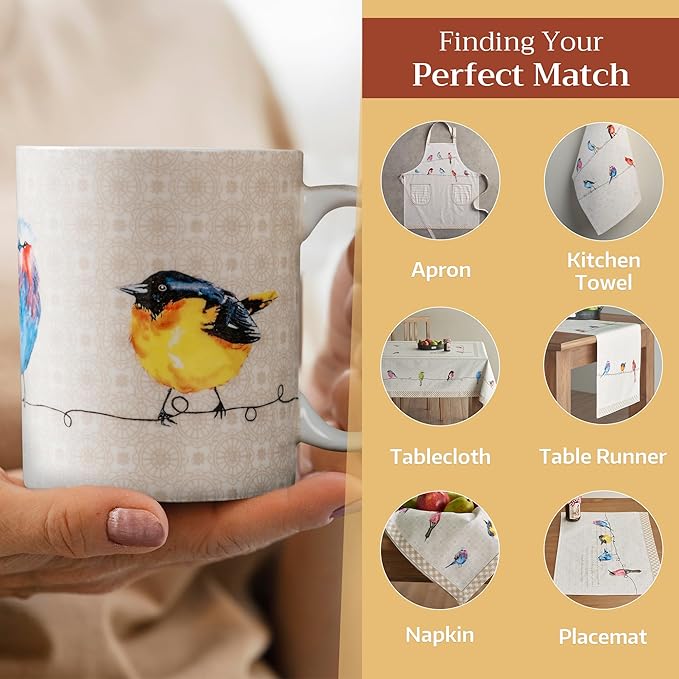 Maison d' Hermine Coffee Mug with Handles Fine Bone China Mugs Pack of One Tea Cups for Hot Beverages Cappuccino Latte Home Restaurant Office Perfect for Gift (Birdies On Wire - Nuthatch, 12 Ounce)