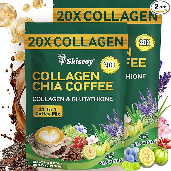 20x Collagen Chia Coffee - 11-in-1 Coffee Shape Mix with Collagen & Chia Seeds, L-Glutathione for Skin, Hair, Joints - Boost Energy and Improve Focus, Vegan Friendly, 45 Servings