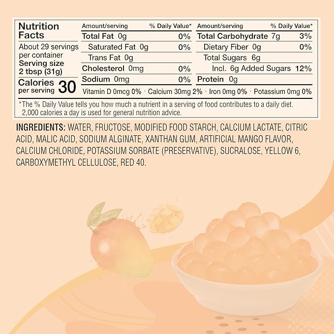 J WAY Bursting Popping Mango Boba Pearls, Mango Syrup, Non-Dairy, Fat-Free Popping Tapioca Boba for Beverages, Sweets, Ice Cream (2LB, 1 Pack)