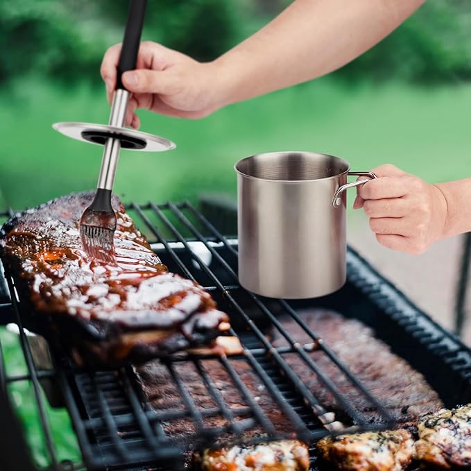 Geesta Adjustable Sauce Pot and Basting Brush Set, Long Stainless Steel Basting Brush for Cooking, Smoking, Fathers Day Grilling Gifts for Men Smoker Accessories, Large Capacity Grilling Tools, 2 Pack