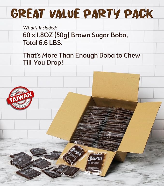 BOBA FIDE Instant Brown Sugar Boba Tapioca Pearls Bulk, 60 Packets of Black Tapioca Pearls in Brown Sugar Syrup for Boba Bubble Milk Tea Kit, Ready in 25 Sec, No Preservatives, Gluten, or Corn Syrup