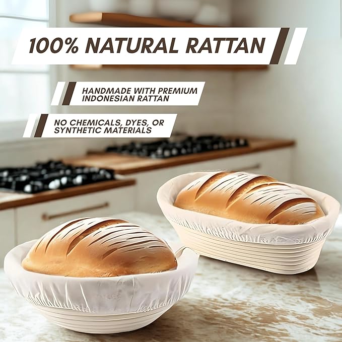 Sourdough Basket Set, 9" Round & 10" Oval Proofing Baskets for Bread Baking with, Lame, Whisk & Linen Liners, Complete Sourdough Proofing Basket Kit