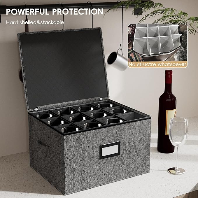 homyfort Wine Glass Storage Box, China Storage Containers with Dividers, Stemware Storage Case Holds 24 Wine Glass or long stem Crystal Glassware with Handles, Hard Shell and Stackable