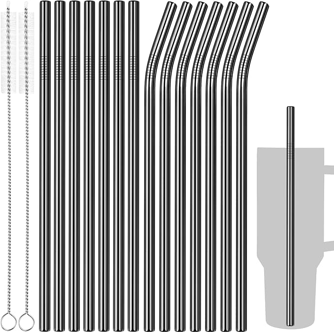 Tomorotec 40oz Straws, 14PCS Stainless Steel Replacement Straws for Stanley 40oz Adventure Quencher Travel Tumblers with Cleaning Brushes 2PCS, Food-Grade, Dishwasher Safe for Smoothies (Black)