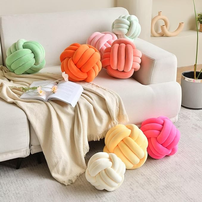 Decorative Throw Knot Pillow Ball for Home Chair Sofa Couch Bed Aesthetic Round Velvet Knotted Pillow Cushion (Yellow, 11 inches)