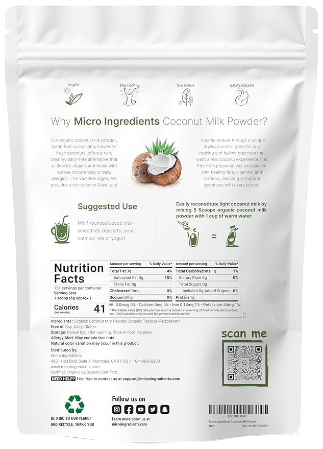 Micro Ingredients Organic Coconut Milk Powder, 2 Lb | Plant-Based Creamer for Coffee, Tea & Smoothies | Pure & Rich in MCT | Non-GMO, Gluten-Free, Keto & Paleo Friendly