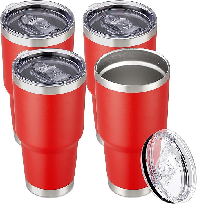 30 oz Tumbler with Lid Stainless Steel Tumblers Bulk Vacuum Insulated Cup Reusable Powder Coated Travel Mug Double Wall Leak Proof Cups Keep Cold Drinks for 12 Hours Wine Red, Set of 4