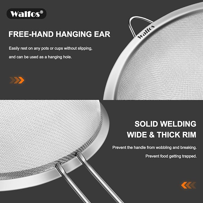 Walfos Extra Fine Mesh Strainer Set of 4-9.5", 7", 4.7", 2.8", Stainless Steel 30 Mesh Sieve with Sturdy Handle, Kitchen Food Strainers Sifters for Quinoa, Pasta, Fruits, Vegetables, Rice, Tea