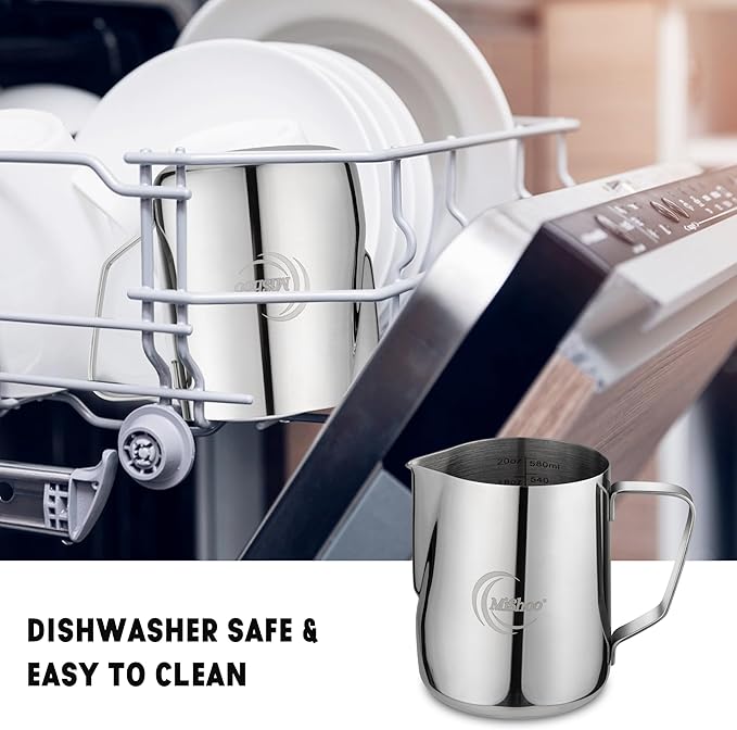 MiShoo® Milk Frothing Pitcher, 20oz Steaming Pitcher 304 Stainless Steel Espresso Machine Accessories for Coffee Bar, Cappuccino Barista Tools Milk Jug Steamer Frother Cup with Latte Art Pen