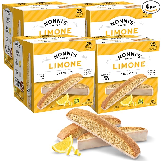 Nonni's Limone Lemon-Iced Biscotti Cookies – Individually Wrapped Italian Tea-Time Snack, Crunchy Twice-Baked, 110 Cal Each, 21.5 oz Carton, 4 Pack