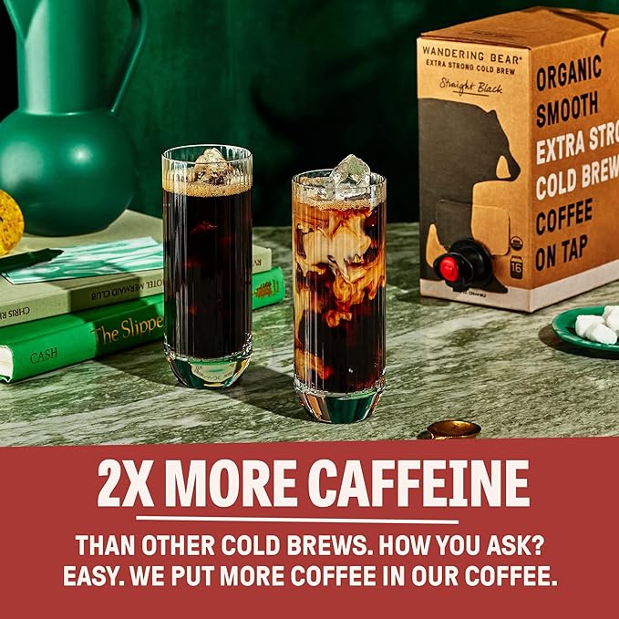 Wandering Bear Organic Mocha Cold Brew Coffee On Tap, 96 fl oz - Extra Strong, Bold, Smooth, Unsweetened, Shelf-Stable, Ready to Drink, Gluten Free, & Vegan, Iced Cold Brewed Coffee Drinks