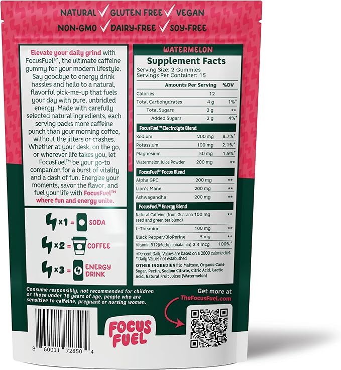 FocusFuel Energy Chews – Watermelon Flavor (15 Servings) – 100mg Caffeine + L-Theanine + B12, Magnesium – All-Natural Energy Boost – No Crash or Jitters