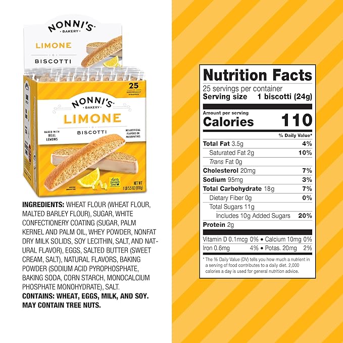 Nonni's Limone Lemon-Iced Biscotti Cookies – Individually Wrapped Italian Tea-Time Snack, Crunchy Twice-Baked, 110 Cal Each, 21.5 oz Carton, 4 Pack