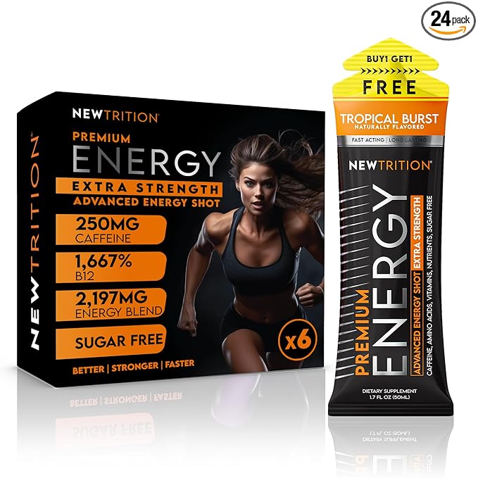 NewTrition® Extra Strength Energy Shots, 250mg Caffeine Energy Shots with Vitamin B & Amino Acids, Sugar-Free Vitamin Energy Shot, 1.7 fl oz (Pack of 6, Tropical Burst)