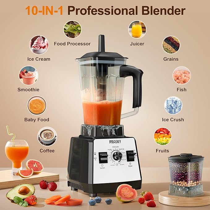 Blenders for Kitchen, Commercial Blender,2400W PRASY Food Processor with 101oz Juice & Grinder Jar, BPA-Free, 25000 RPM Blenders for Smoothies, Ice Crushing, Frozen Fruit (White, 2L)