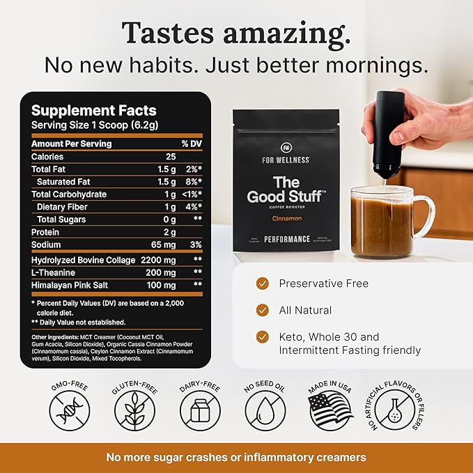For Wellness The Good Stuff Performance – Coffee Booster | Collagen + MCT Powder Supplement with L-Theanine and Antioxidants for Jitter-Free Energy & Stamina | Non-Dairy, Keto-Friendly, 30 Servings