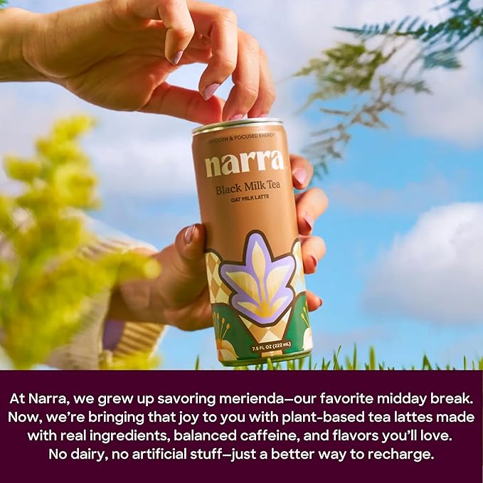 Narra, Oat Milk Tea Latte - Black Tea, Natural Caffeine & L-Theanine, Organic Oat Milk, MCT Oil, Vegan, Dairy Free, No Refined Sugar, Non-GMO, 7.5 Fl Oz (12 Pack)
