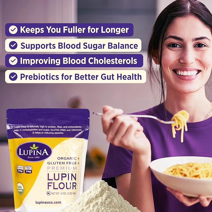 Lupina Organic Gluten-Free Lupin Flour –16 oz- High-Protein, High-Fiber, Low-Carb Plant-Based Flour – Non-GMO Vegan Superfood for Baking, Smoothies & Healthy Cooking