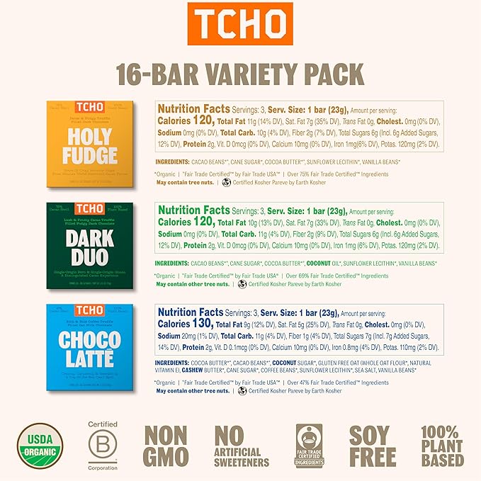 TCHO 100% Plant-Based Dark & Milk Chocolate Variety Pack - Gourmet Assortment with Toffee Time, Choco Latte, Dark & Salty, & More - Vegan No Artificial Sweeteners Chocolate Gift - 16 Count