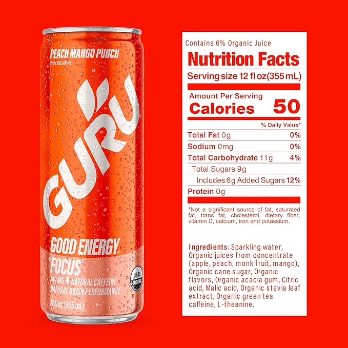 GURU Peach Mango Punch Organic Energy Drinks, Clean Energy Drink with Plant Based Natural Caffeine from Green Tea + Focus with L Theanine, Gluten Free and Vegan, 140MG Caffeine, 12oz (Pack of 24)
