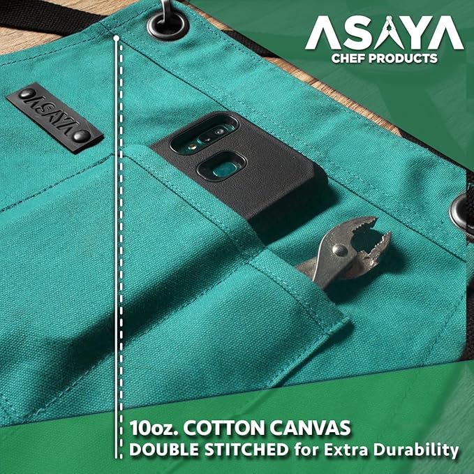 Asaya Chef and BBQ Apron with Bottle Opener and Hand Towel - 10oz Cotton Canvas, Stainless Steel Hardware - Cross Back Straps