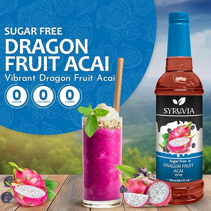 Syruvia Sugar-Free Dragon Fruit Acai Syrup, Flavored Syrup for Drinks, Cocktails, Lemonades, Iced Teas, and Desserts – 25.4 fl oz