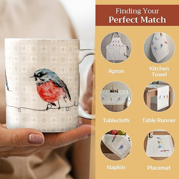 Maison d' Hermine Coffee Mug with Handles Fine Bone China Mugs Pack of Two Tea Cups for Hot Beverages Cappuccino Latte Home Restaurant Office Perfect for Gift (Birdies On Wire, 15 Ounce)