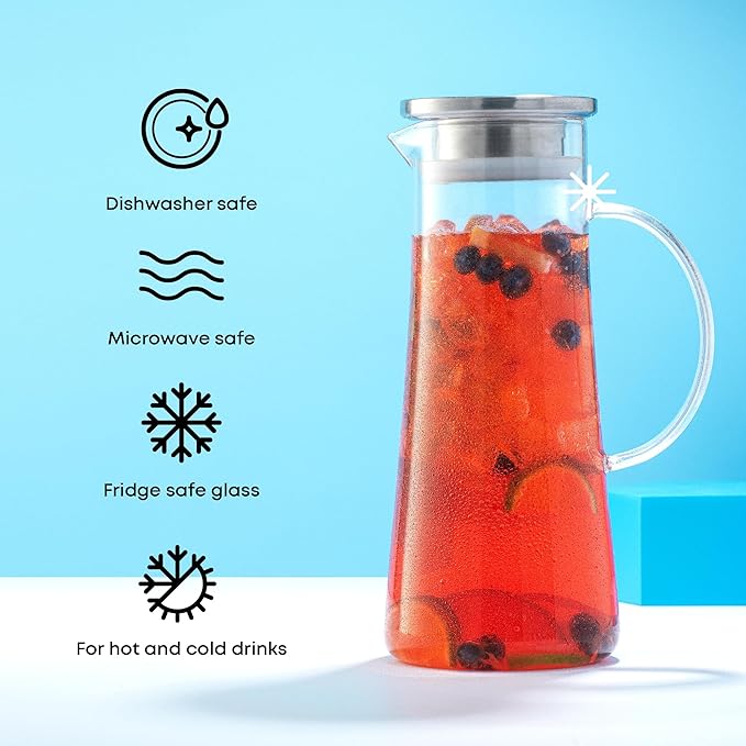 JoyJolt Glass Pitcher with Lid - 50oz Borosilicate Water Carafe, Jug with Stainless Steel Lid for Iced Tea, Lemonade, Juice, Mixed Drinks