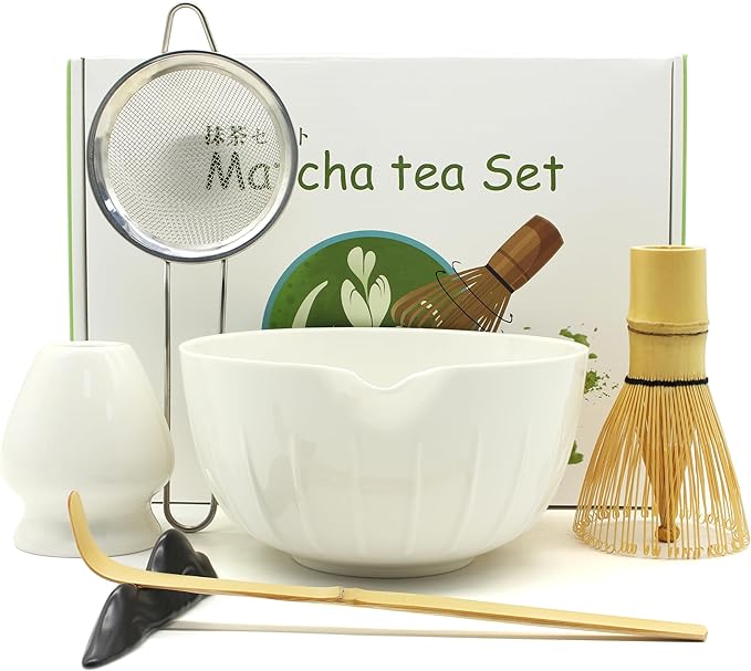 7 Pieces Matcha Whisk Set - Ceramic Matcha Kit with Bowl, Whisk, Holder, Bamboo Scoop, Rest, Sifter, and Tea Towel – Elegant Matcha Gift Set for Women