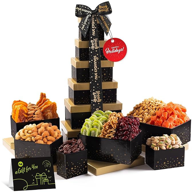 NUT CRAVINGS Gourmet Collection - Christmas Treats Tower Dried Fruit & Nuts Gift Basket with Happy Holiday Ribbon (12 Assortments) Food Arrangement, Healthy Snack Care Package, Food Assortments