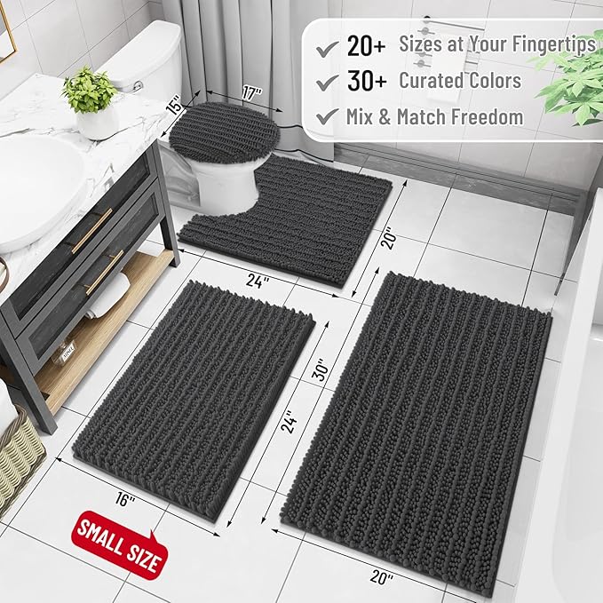 Arotive Luxury Chenille Bathroom Rug Mat, Extra Soft Thick Absorbent Shaggy Bath Rugs, Non-Slip Machine Wash Dry, Plush Bath Mats for Bathroom, Shower and Tub, 30x17, Dark Grey
