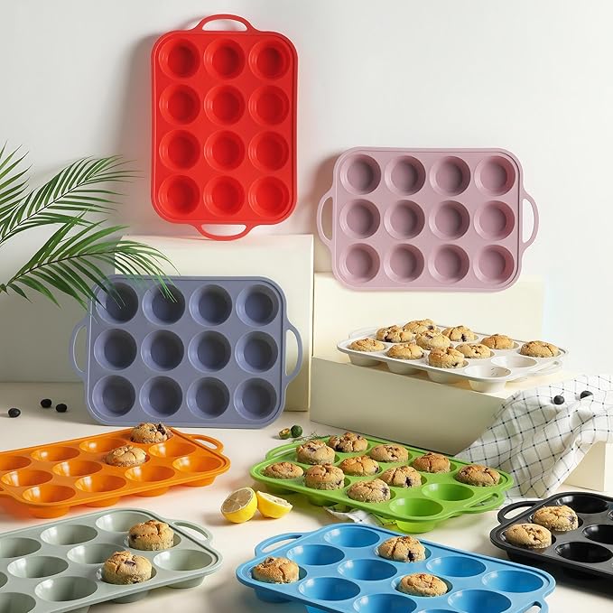 2 Packs 12 Cups Silicone Muffin Pan with Metal Reinforced Frame Regular Size Cupcake Tray Egg Mold Wedding Day Engaged Engagement Hostess Couple Newly Wed House Christmas Married Unique Gift