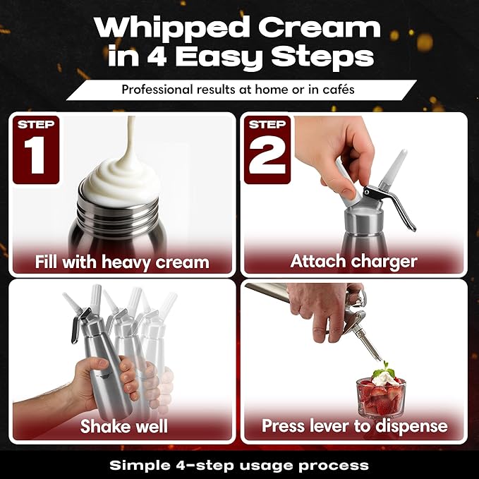 Chef Master (2 Pint / 1 Liter) Aluminum Whipped Cream Dispenser - Decorating Tips for Desserts, Coffee, Latte + Cleaning Brush - Whip Cream Dispenser Canister for Home, Bakery or Restaurant - 90077