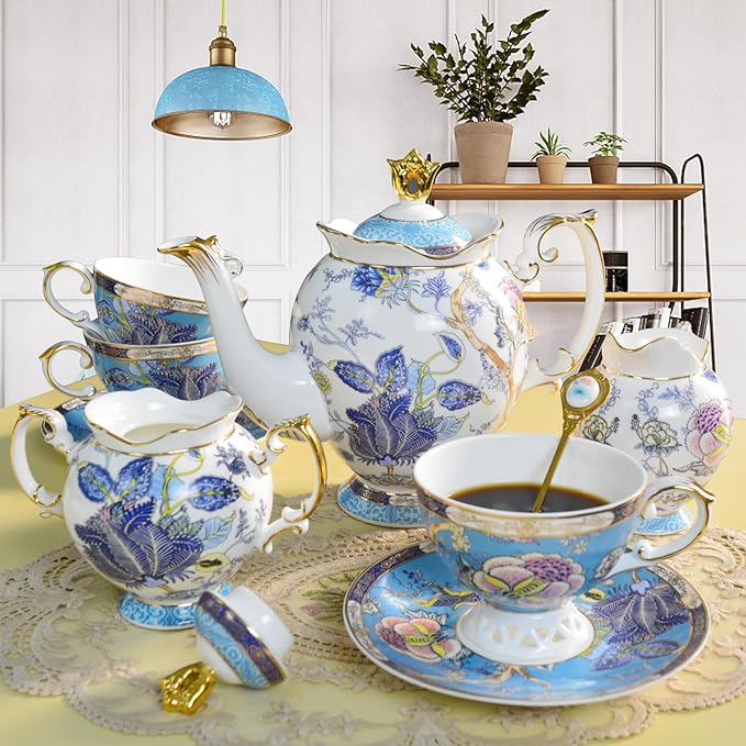ACMLIFE Bone China Tea Cups, Tea Cup and Saucer Set for 1 Blue and White China Tea Cup 6.7oz Floral Vintage China Coffee Set for Women Party Gift Giving with Gold Trim and Gift Box