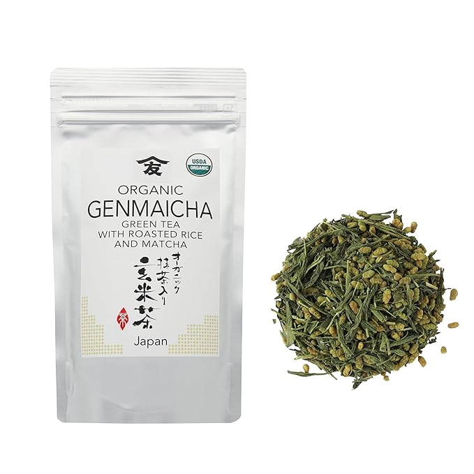 TOMOSAN Organic Genmaicha Tea - Loose Leaf Japanese Premium Green Tea - Genmai Matcha Roasted Brown Rice Blend, USDA Certified, Uji-Kyoto, 100g/3.5oz